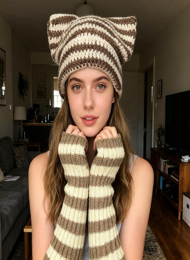 Sdfvsdg Crochet Hats for Women Cat Beanie with Fingerless Gloves Cute Fox Cat Ears Hat Slouchy Beanies Grunge Accessories Brown - Image 2